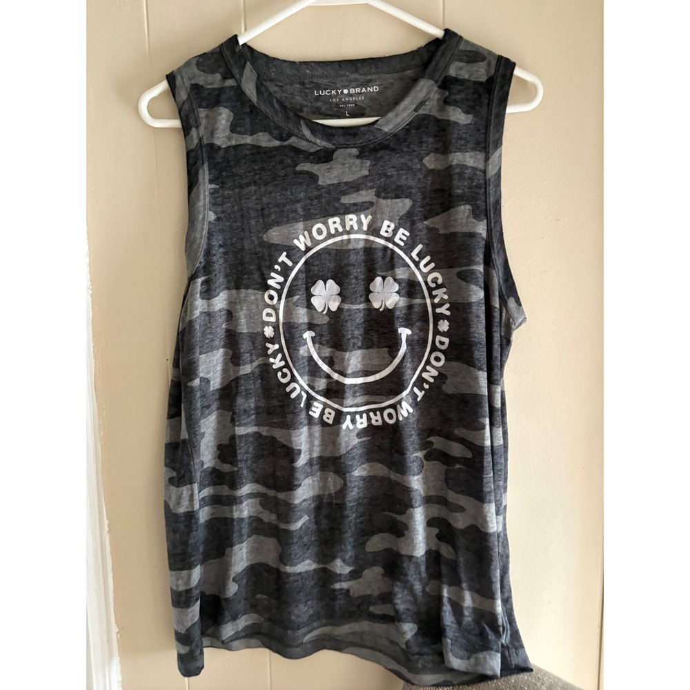 Lucky Brand Women Grey Camo Don't Worry Be Lucky Smiley Face Muscle Tank Top L